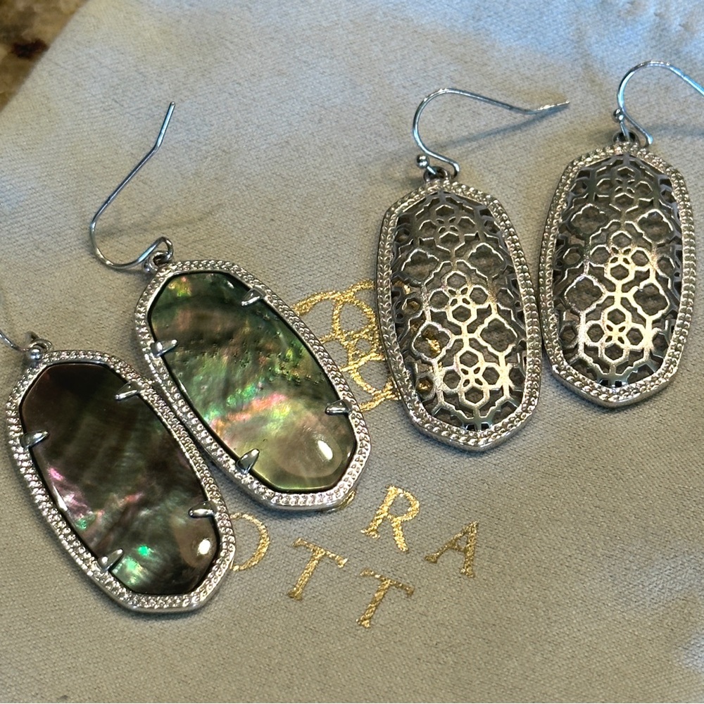 2 Pair Kendra Scott Elle Earrings Silver Filigree & Silver Iridescent